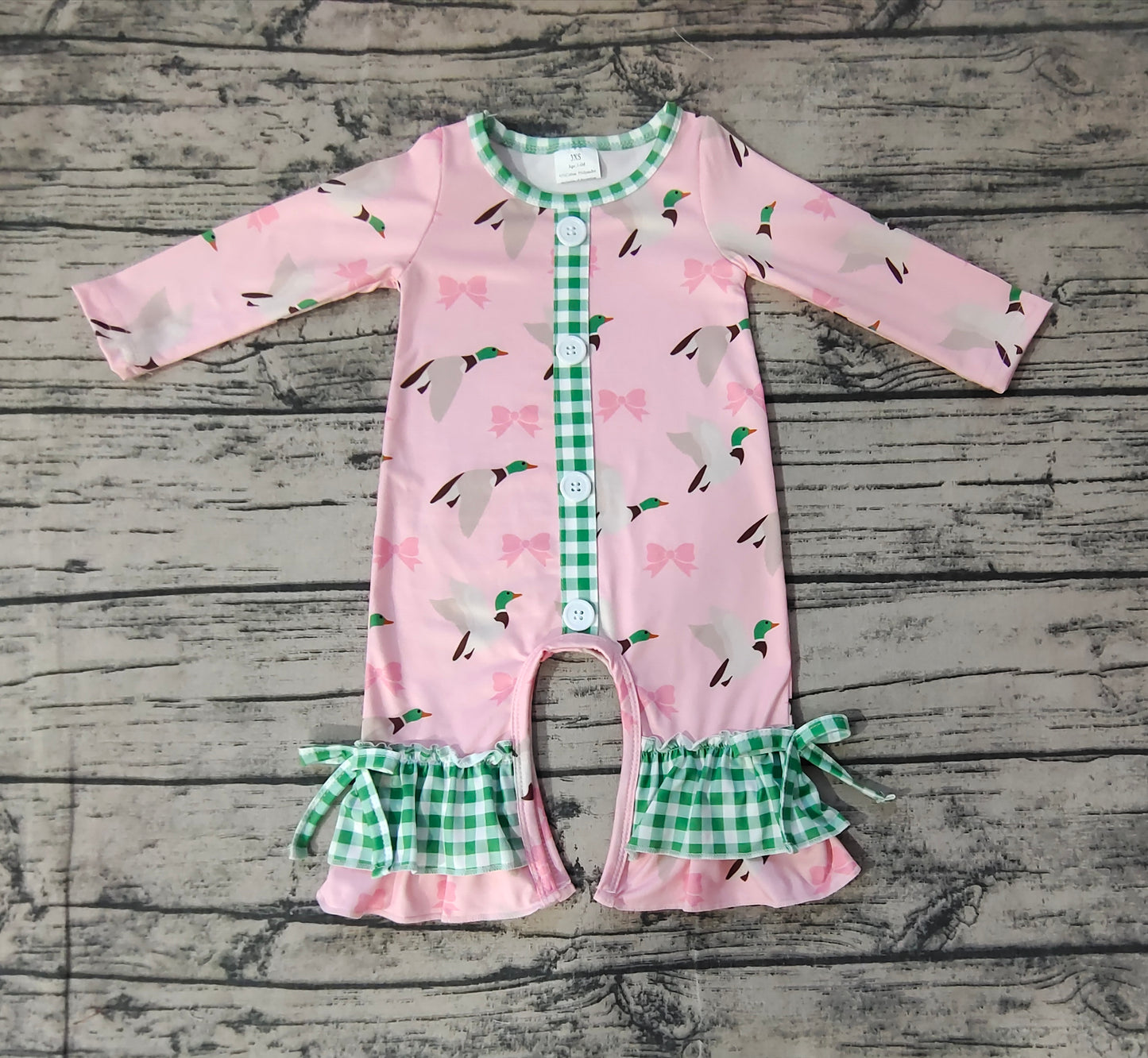 Baby Infant Girls Pink Mallard Ducks Buttons Bows Rompers