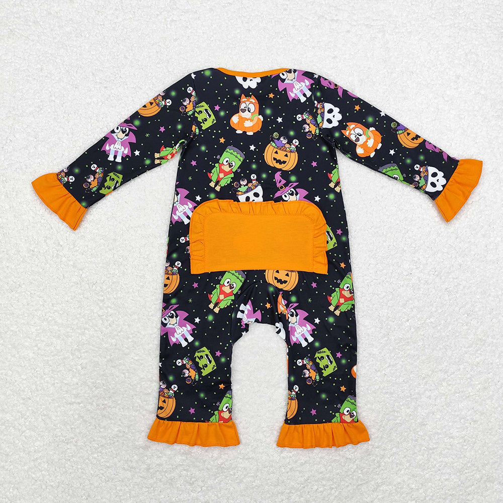 Baby Infant Girls Halloween Dogs Pumpkins Zip Long Sleeve Rompers