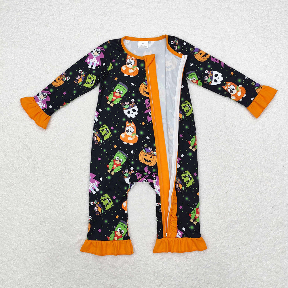 Baby Infant Girls Halloween Dogs Pumpkins Zip Long Sleeve Rompers