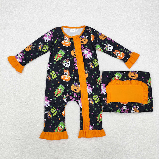 Baby Infant Girls Halloween Dogs Pumpkins Zip Long Sleeve Rompers