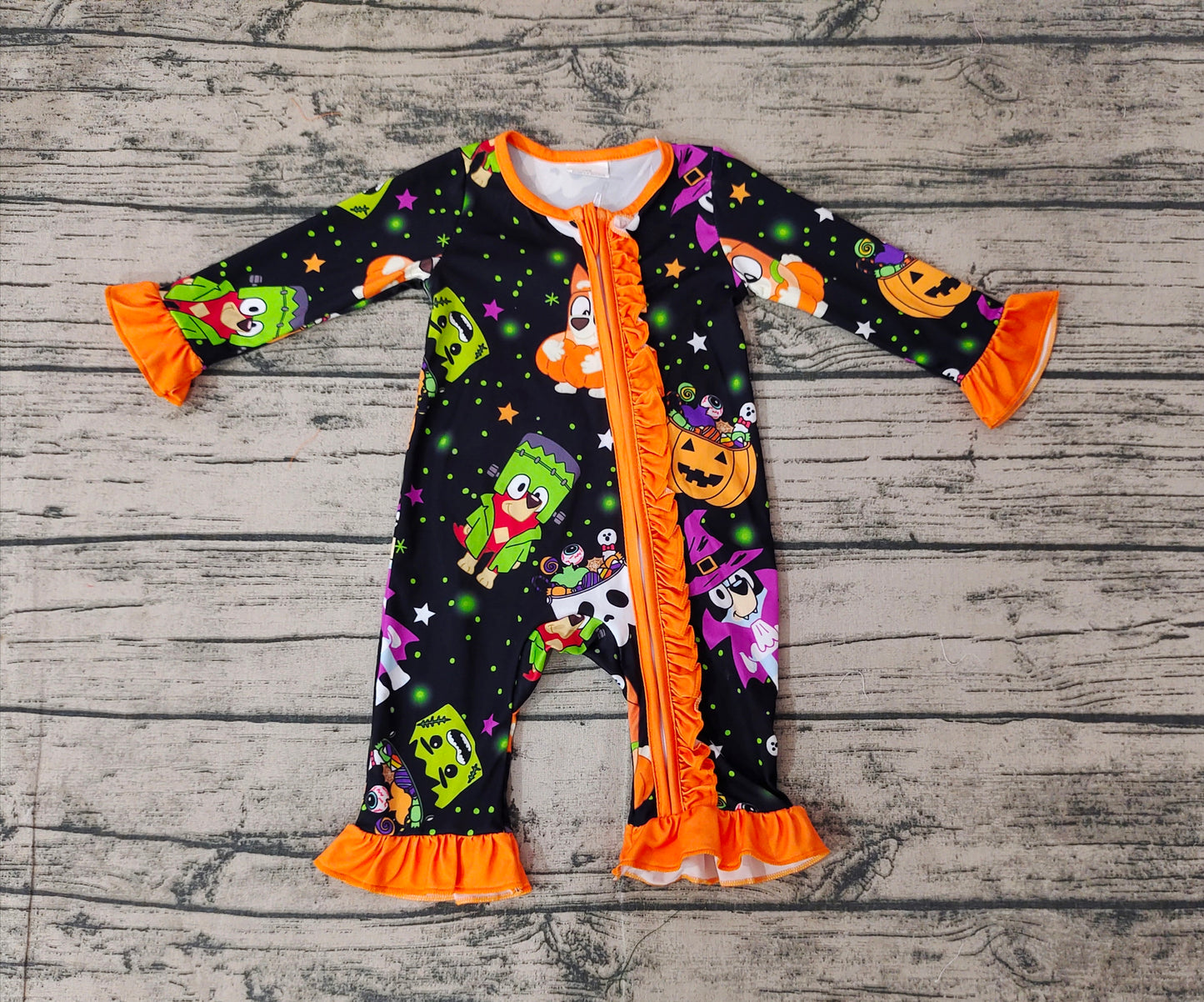 Baby Infant Girls Halloween Dogs Pumpkins Zip Long Sleeve Rompers