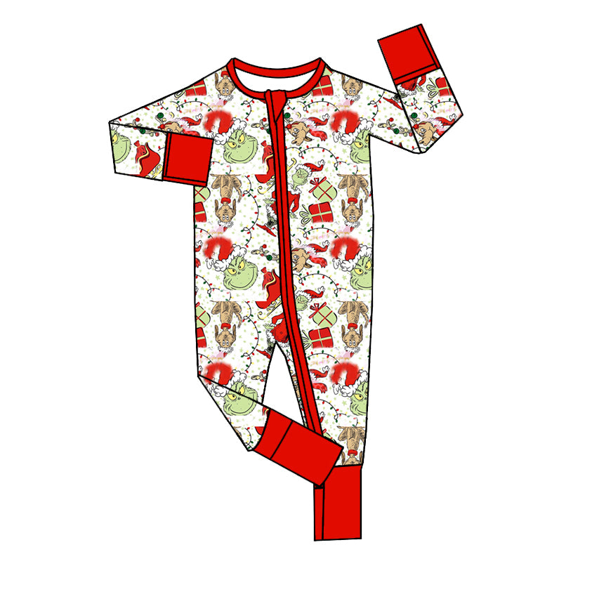 Baby Infant Boys Christmas Green Face Zip Long Sleeve Rompers preorder