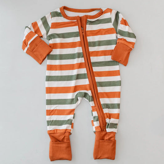 Baby Infant Boys Brown Green Stripes Zip Long Sleeve Rompers preorder