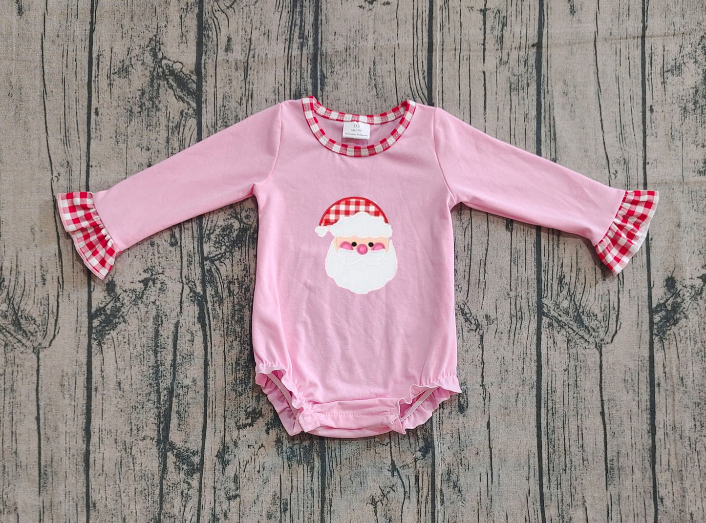 Embroidery Santa Baby Girls Pink Long Ruffle Sleeve Christmas Rompers