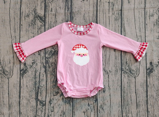 Embroidery Santa Baby Girls Pink Long Ruffle Sleeve Christmas Rompers
