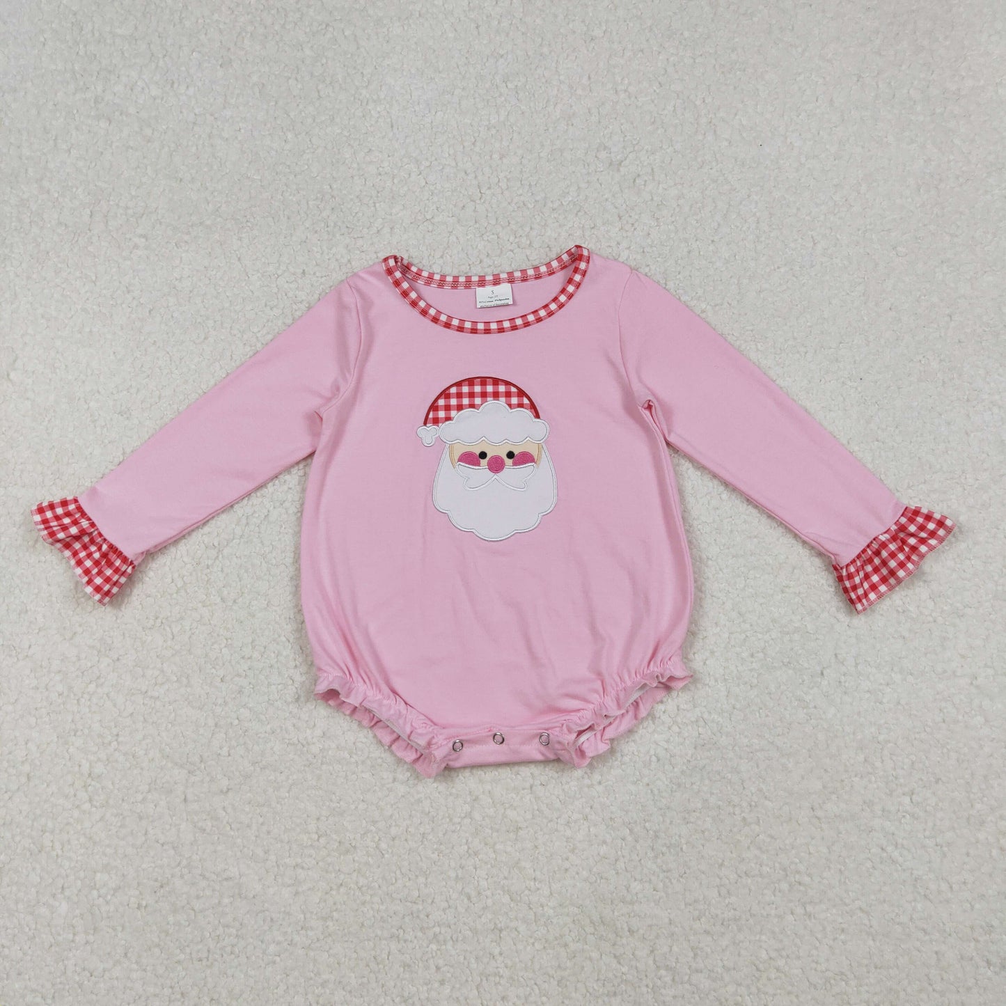 Embroidery Santa Baby Girls Pink Long Ruffle Sleeve Christmas Rompers