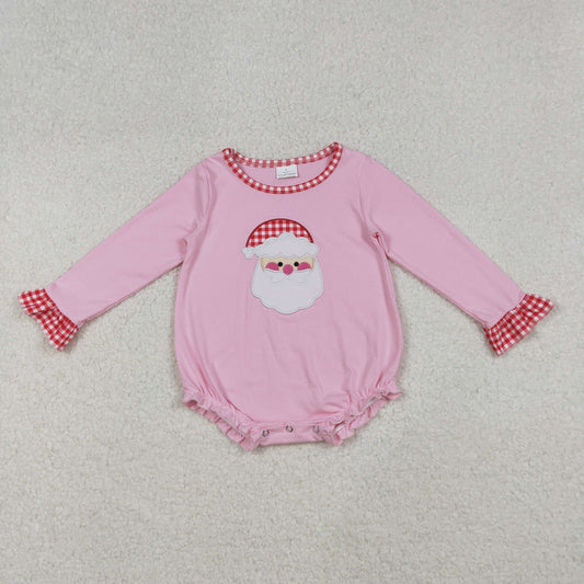 Embroidery Santa Baby Girls Pink Long Ruffle Sleeve Christmas Rompers