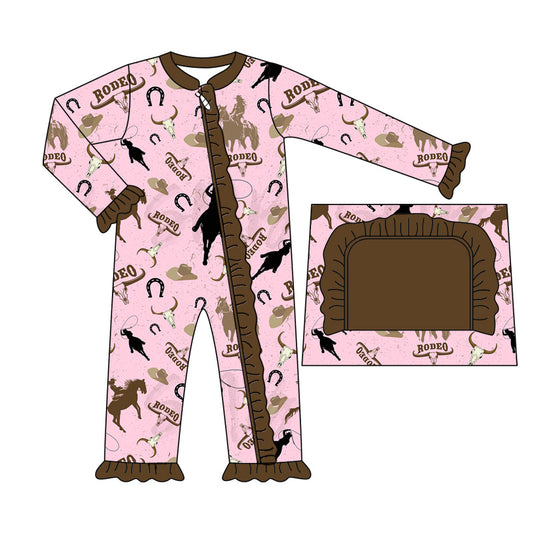 Baby Infant Girls Pink Western Rodeo Cow Zip Rompers preorder