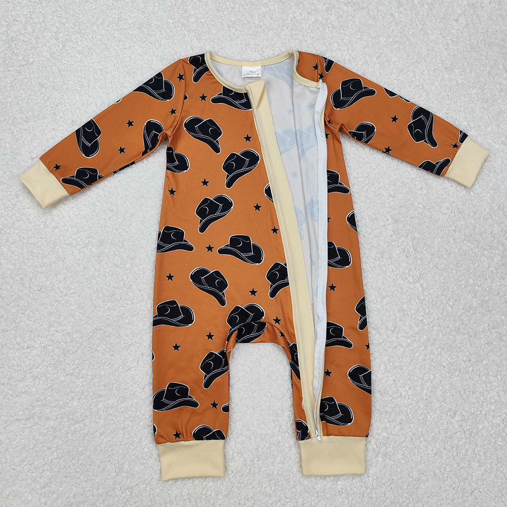 Baby Infant Boys Brown Western Hats Long Sleeve Zip Rompers