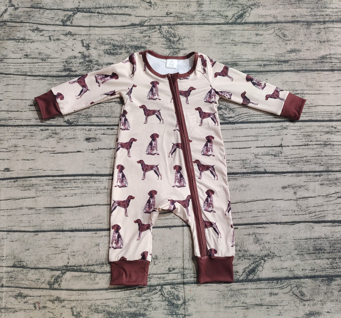 Baby Infant Boys Brown Dogs Bamboo Long Sleeve Zip Rompers