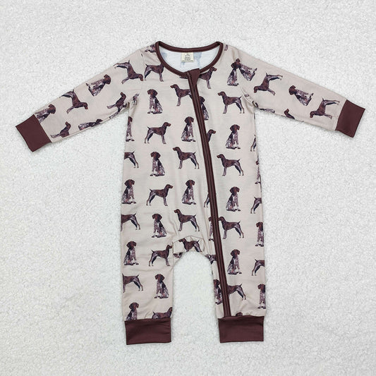 Baby Infant Boys Brown Dogs Bamboo Long Sleeve Zip Rompers