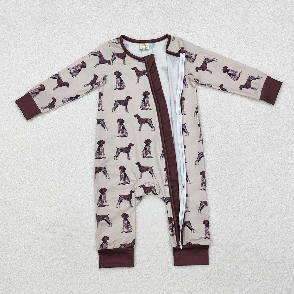 Baby Infant Boys Brown Dogs Bamboo Long Sleeve Zip Rompers