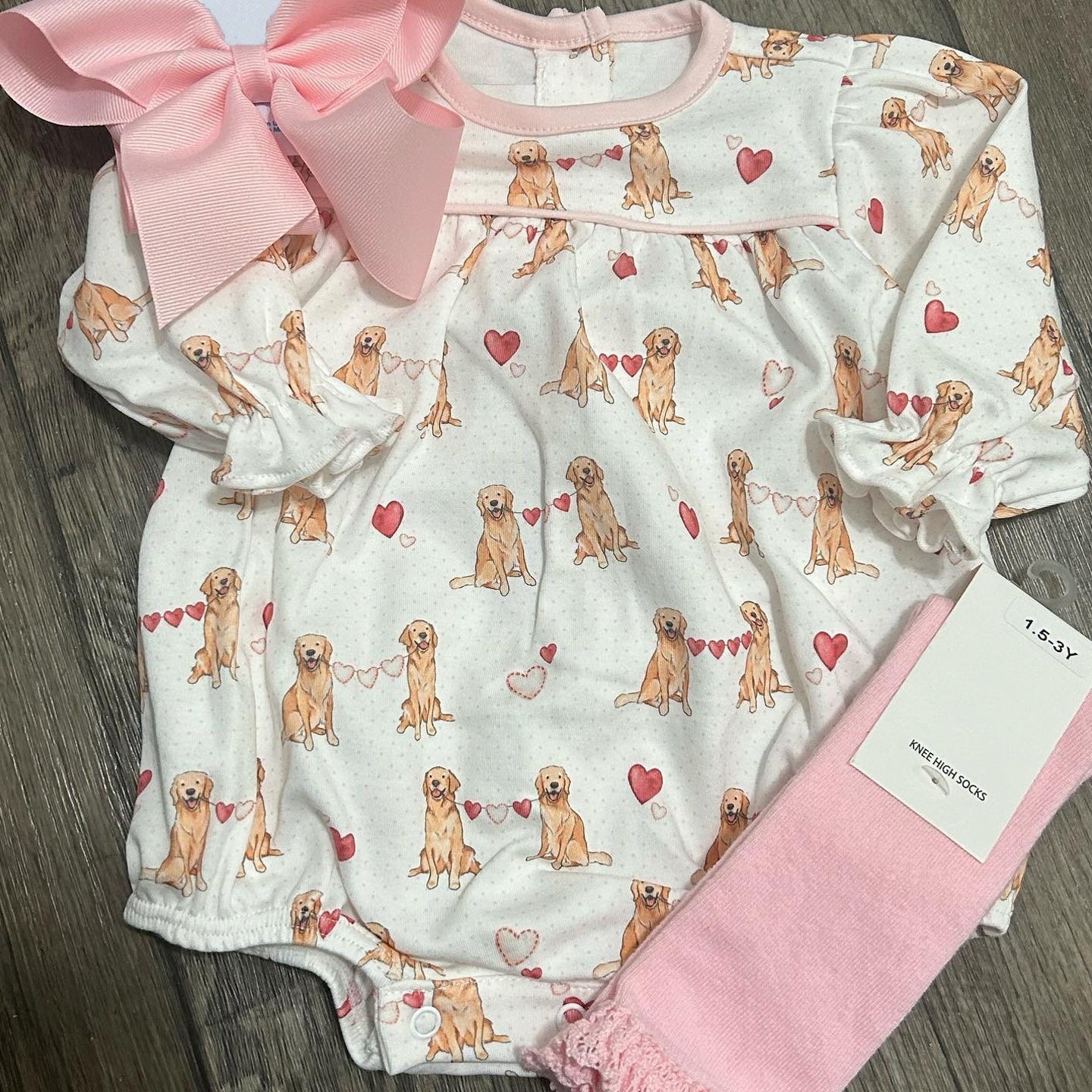 Baby Infant Girls Valentines Dogs Hearts Long Sleeve Rompers preorder