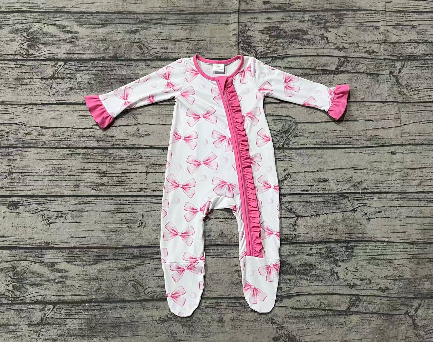 Baby Infant Girls Pink Bows Ruffle Zip Rompers