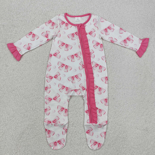 Baby Infant Girls Pink Bows Ruffle Zip Rompers