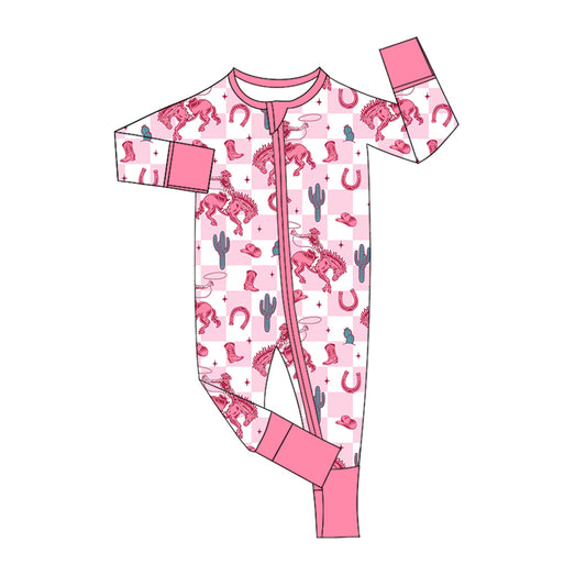 Baby Infant Girls Pink Rodeo Cactus Western Zip Rompers preorder