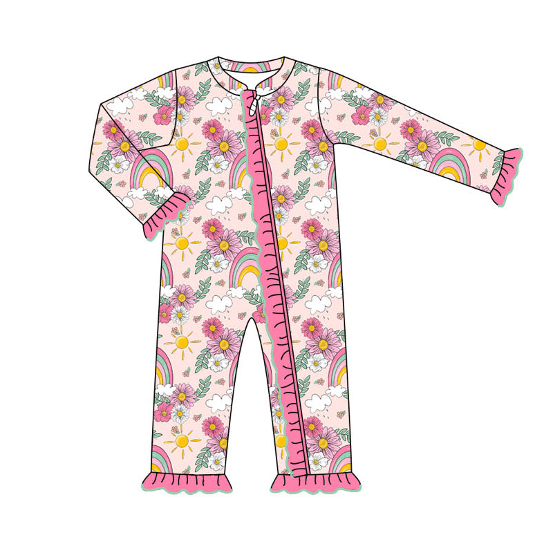 Baby Infant Girls Flowers Pink Rainbow Zip Rompers preorder