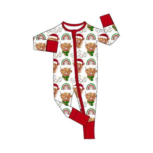 Baby Infant Girls Christmas Highland Cow Rainbow Zip Rompers preorder