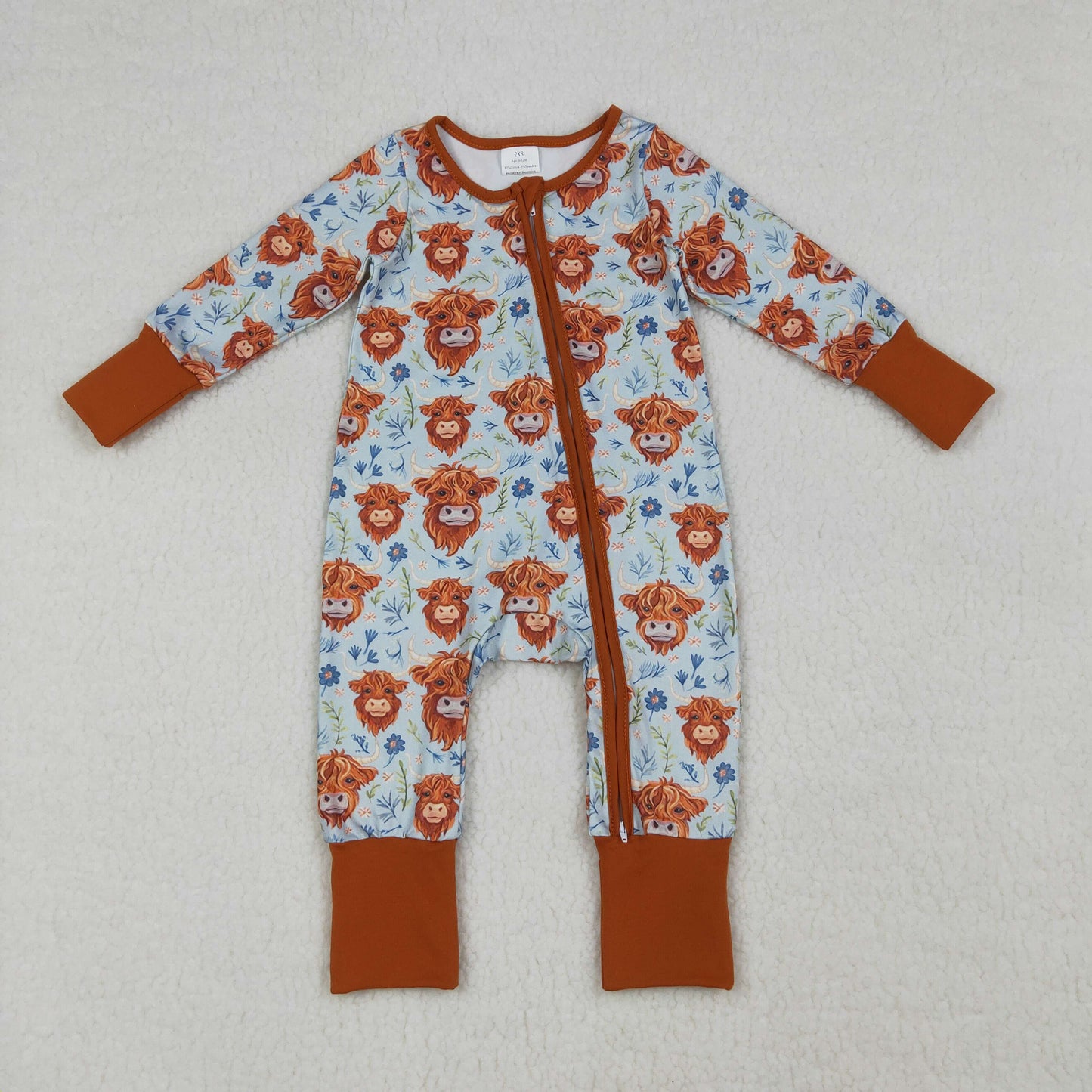 Baby Girls Highland Cows Flowers Western Two Way Zip Convertible Rompers