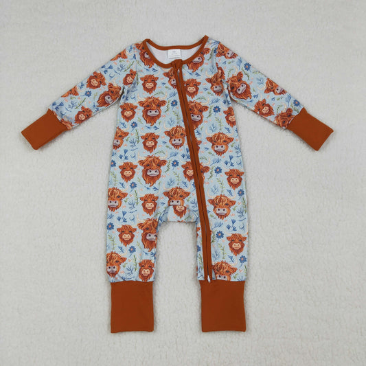 Baby Girls Highland Cows Flowers Western Two Way Zip Convertible Rompers