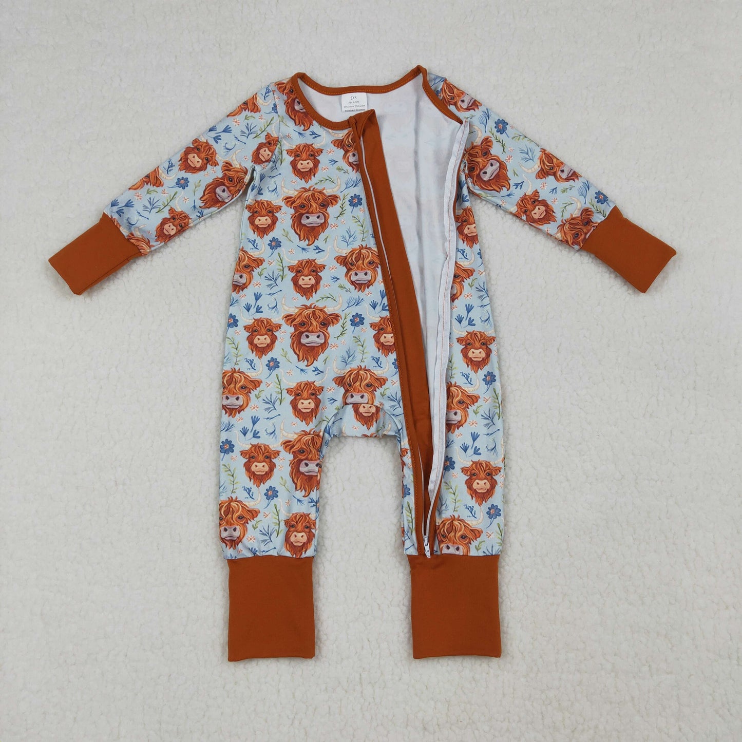Baby Girls Highland Cows Flowers Western Two Way Zip Convertible Rompers
