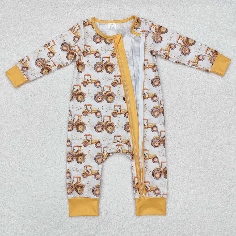 Baby Infant Boys Farm Trucks Bamboo Zip Rompers