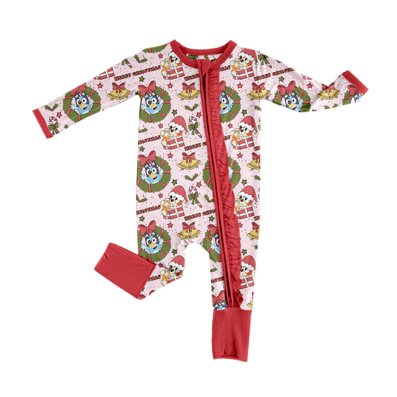 Baby Infant Girls Christmas Dogs Ruffle Zip Rompers preorder