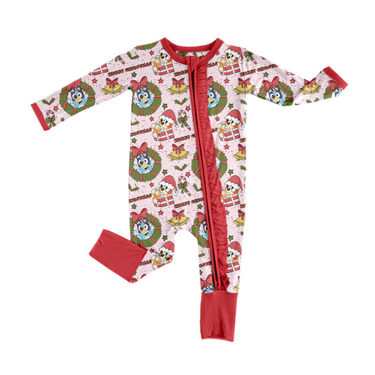 Baby Infant Girls Christmas Dogs Ruffle Zip Rompers preorder