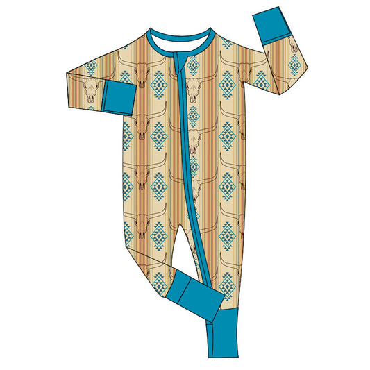 Baby Infant Boys Western Aztec Cow Stripes Zip Rompers preorder