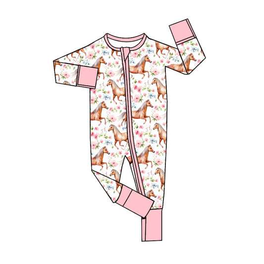 Baby Infant Girls Western Horse Flowers Long Sleeve Rompers preorder