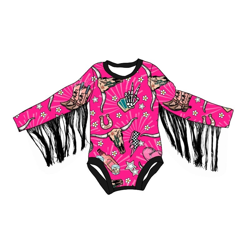 Baby Infant Girls Pink Cow Skull Western Tassel Rompers preorder