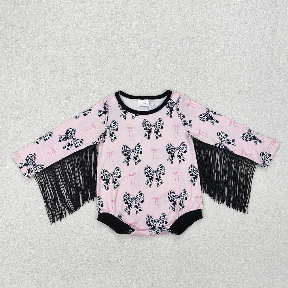 Baby Infant Girls Pink Cow Bows Western Tassel Rompers