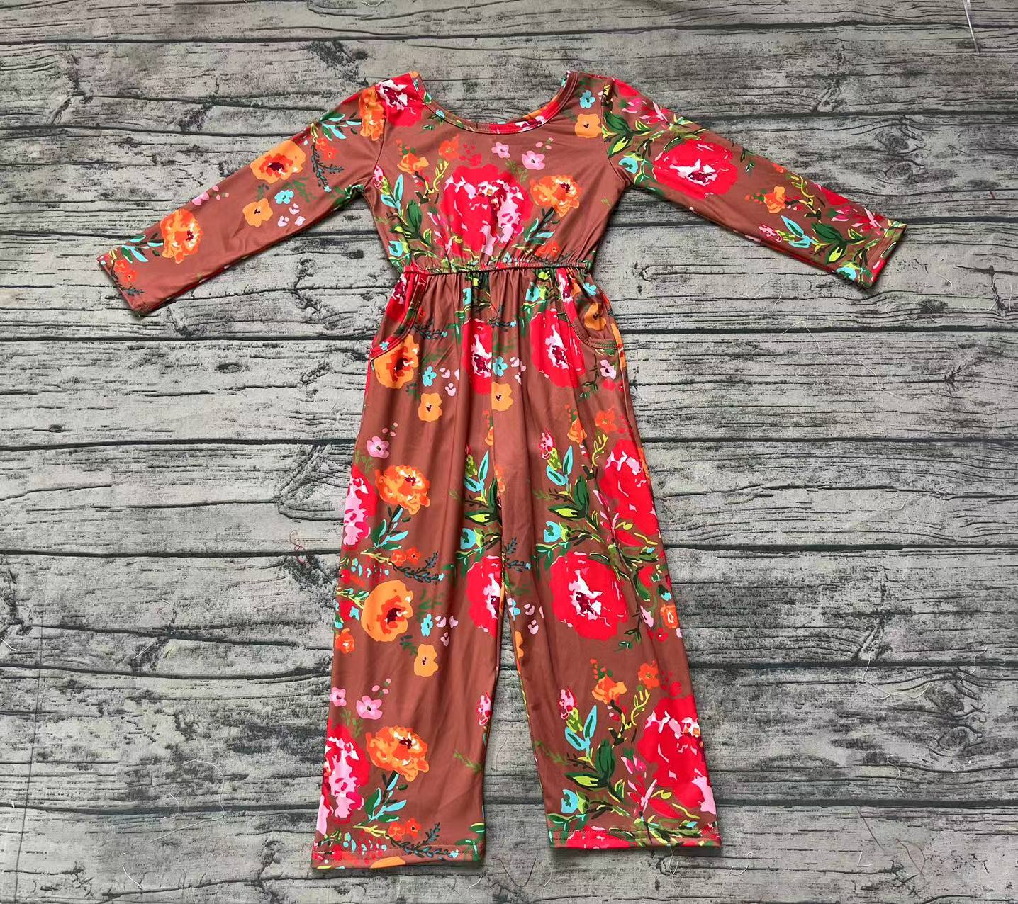 Baby Girls Brown Red Flowers Long Sleeve Fall Jumpsuits