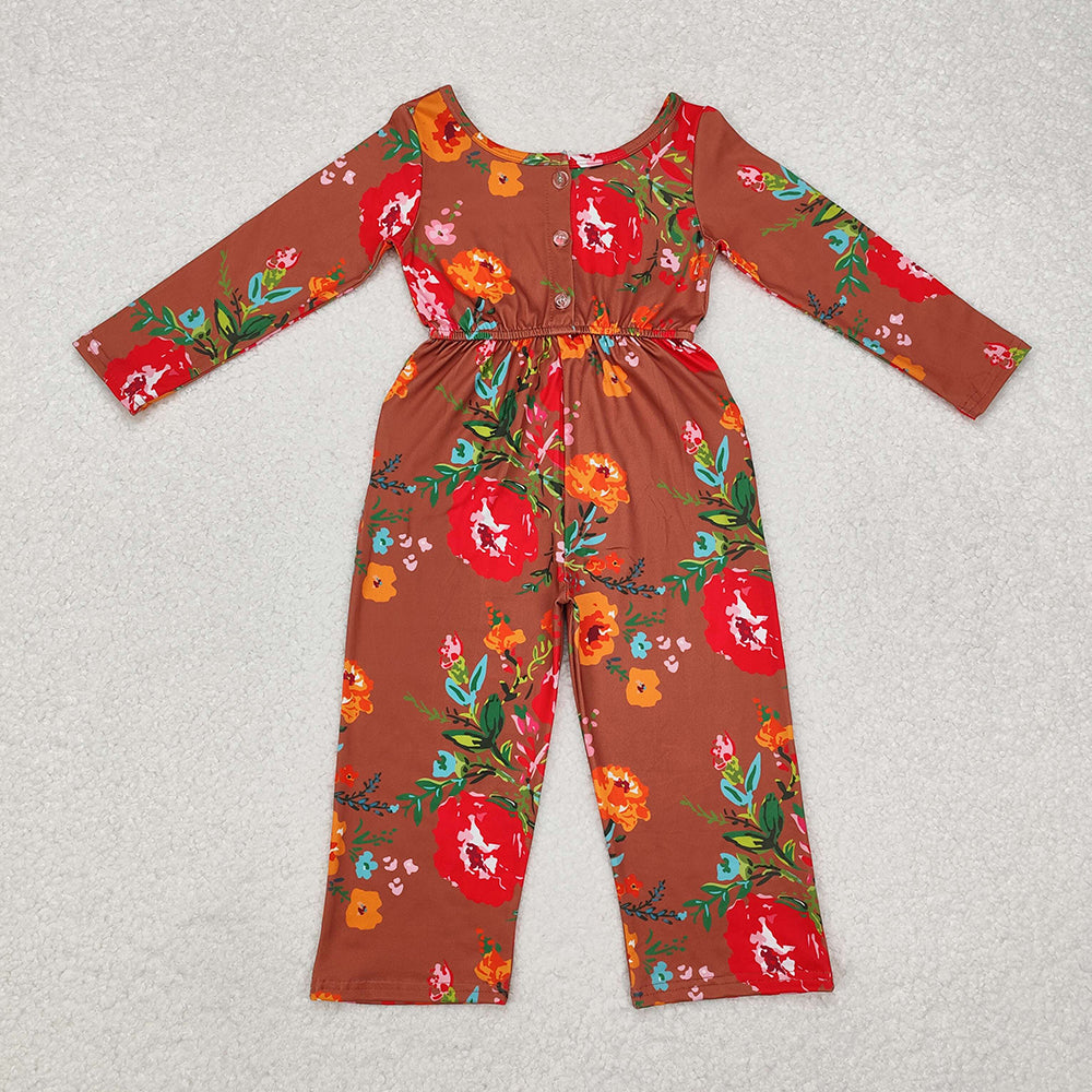 Baby Girls Brown Red Flowers Long Sleeve Fall Jumpsuits