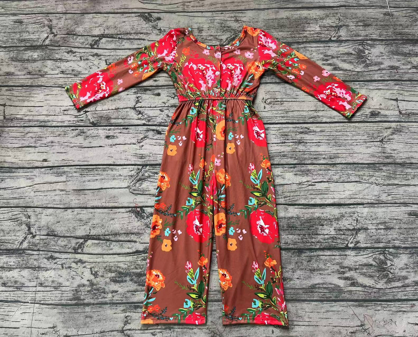 Baby Girls Brown Red Flowers Long Sleeve Fall Jumpsuits