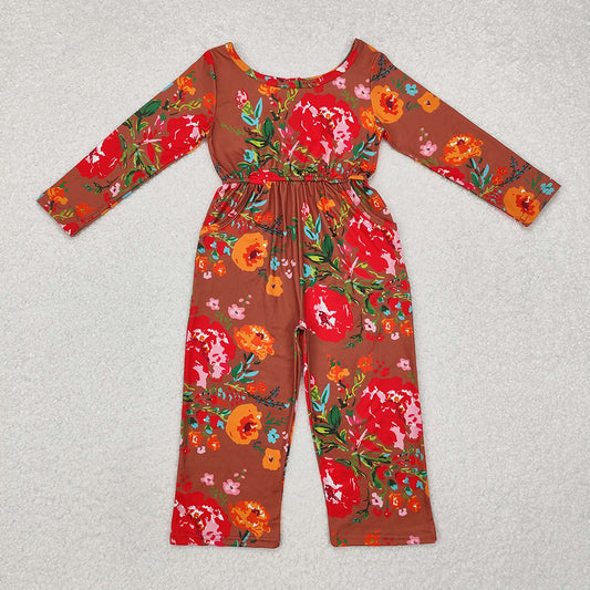 Baby Girls Brown Red Flowers Long Sleeve Fall Jumpsuits