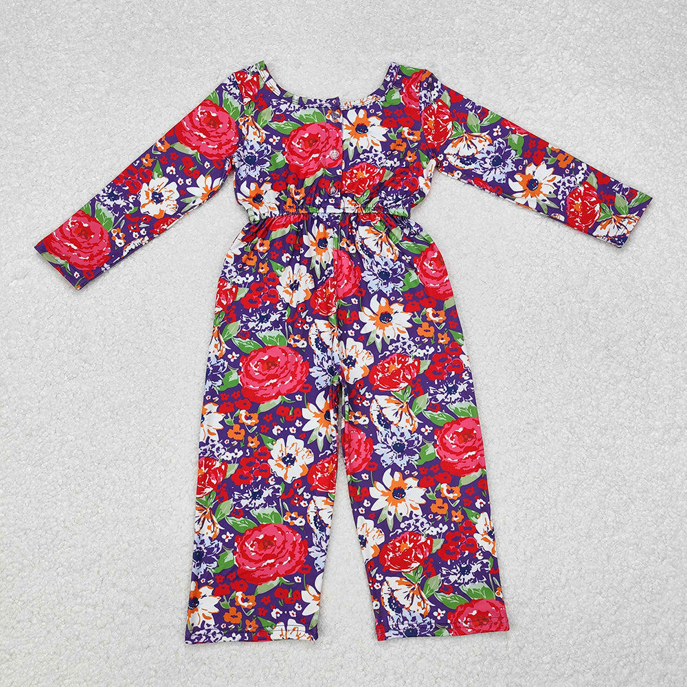 Baby Girls Red Purple Flowers Long Sleeve Fall Jumpsuits