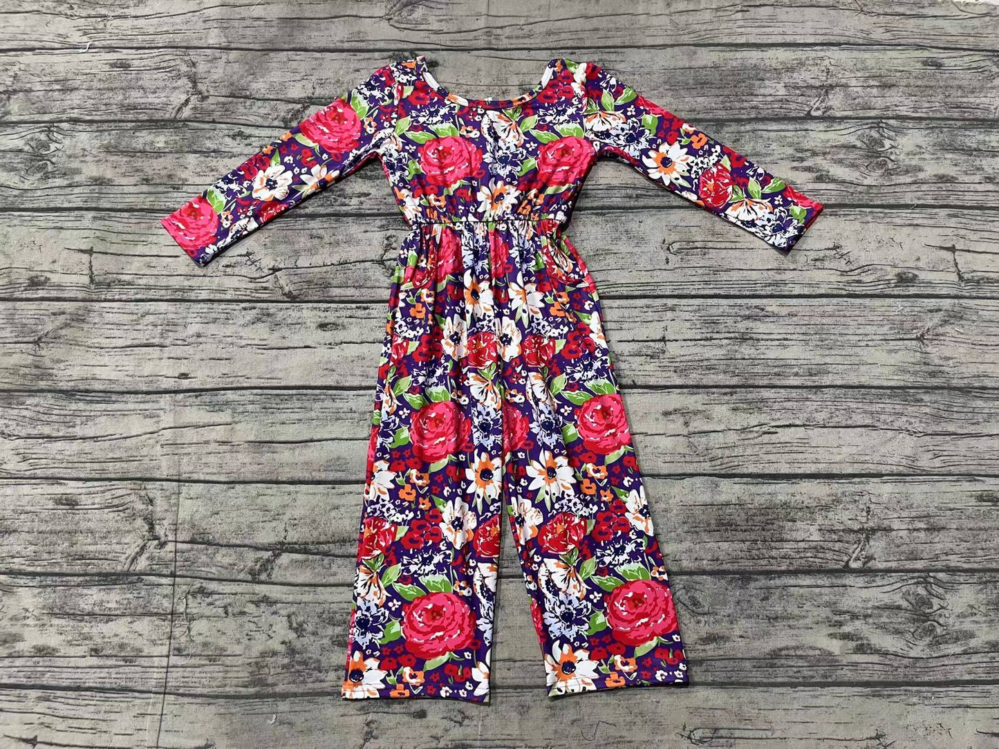 Baby Girls Red Purple Flowers Long Sleeve Fall Jumpsuits