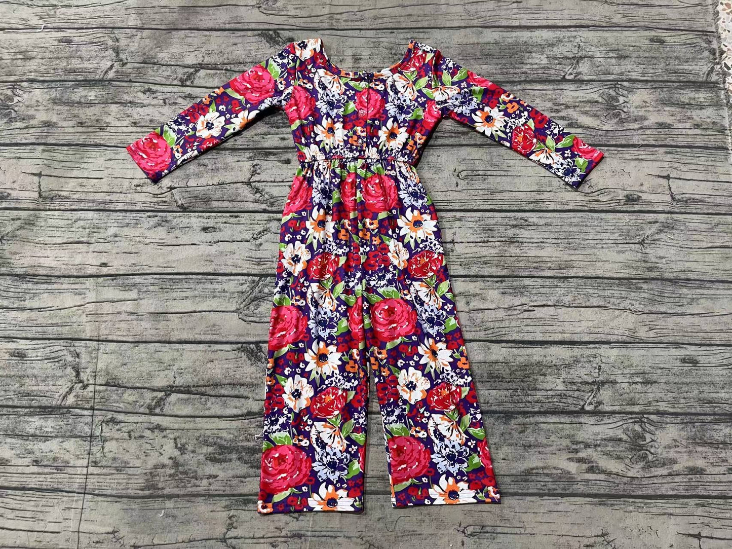 Baby Girls Red Purple Flowers Long Sleeve Fall Jumpsuits