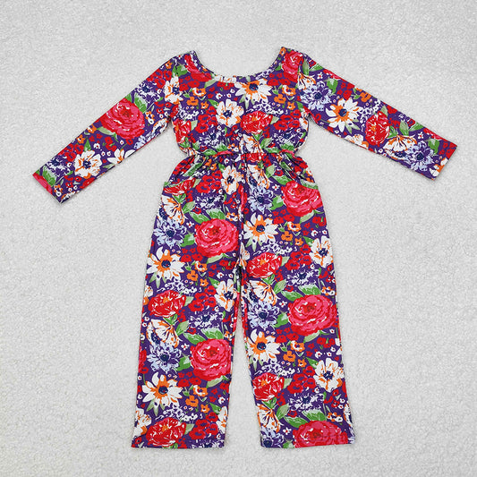 Baby Girls Red Purple Flowers Long Sleeve Fall Jumpsuits