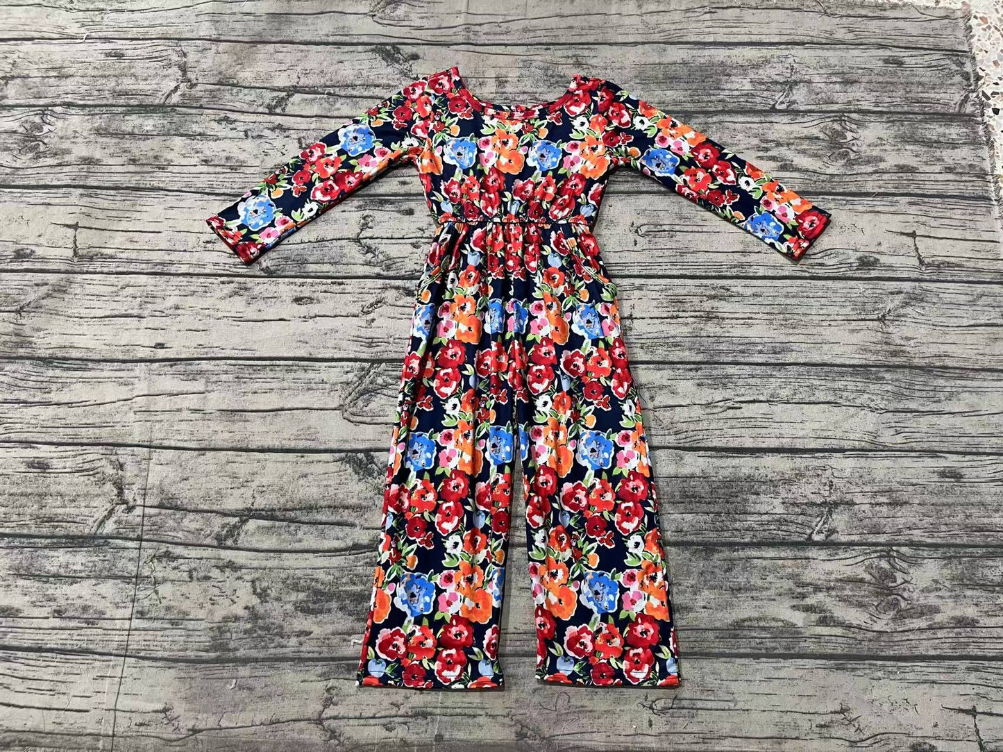 Baby Girls Orange Navy Flowers Long Sleeve Fall Jumpsuits