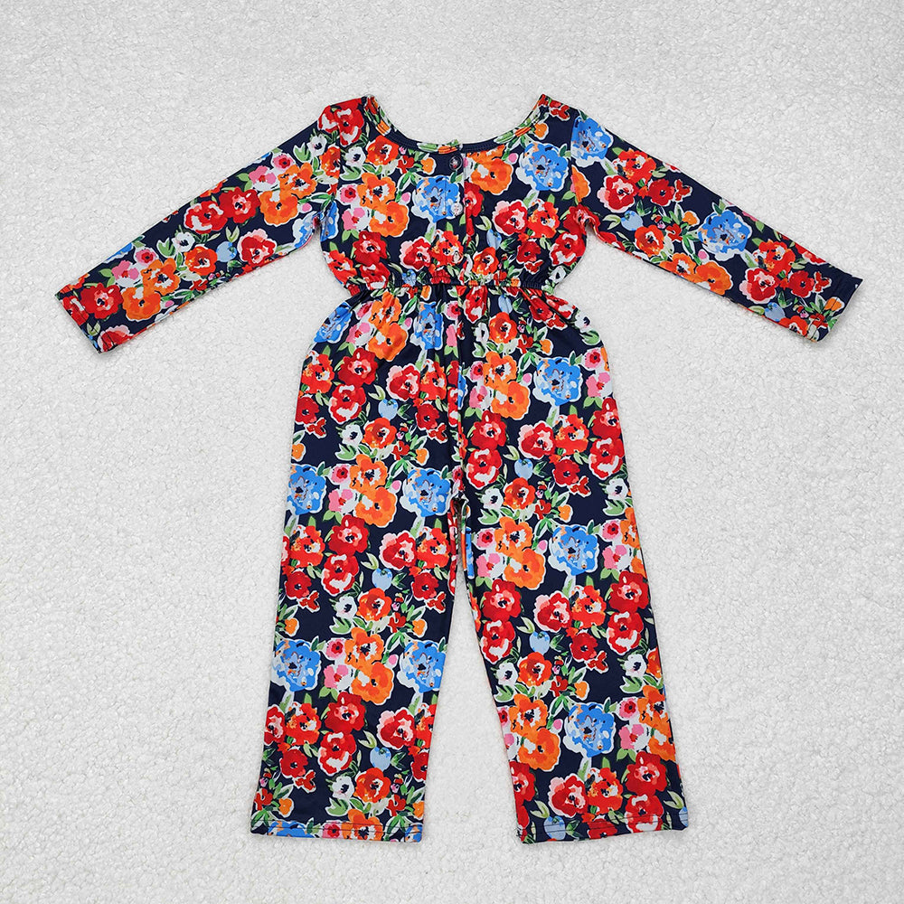 Baby Girls Orange Navy Flowers Long Sleeve Fall Jumpsuits