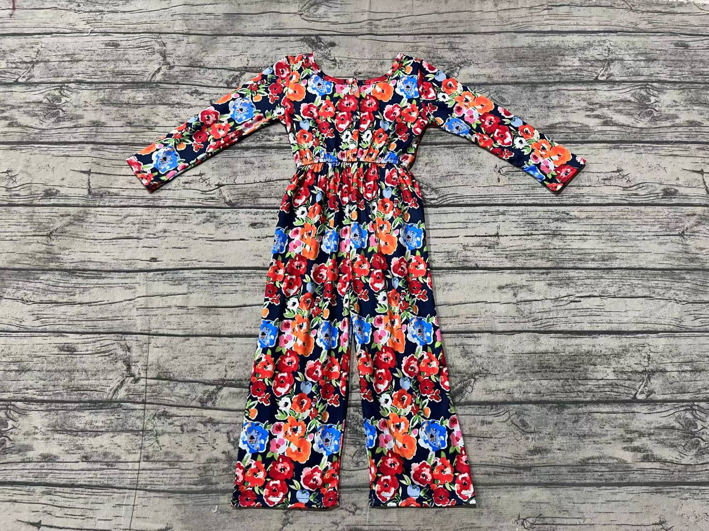 Baby Girls Orange Navy Flowers Long Sleeve Fall Jumpsuits