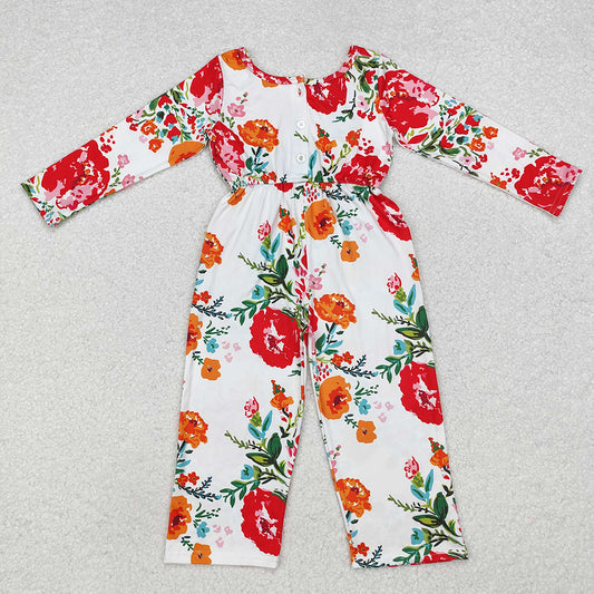 Baby Girls Orange Red Flowers Long Sleeve Fall Jumpsuits