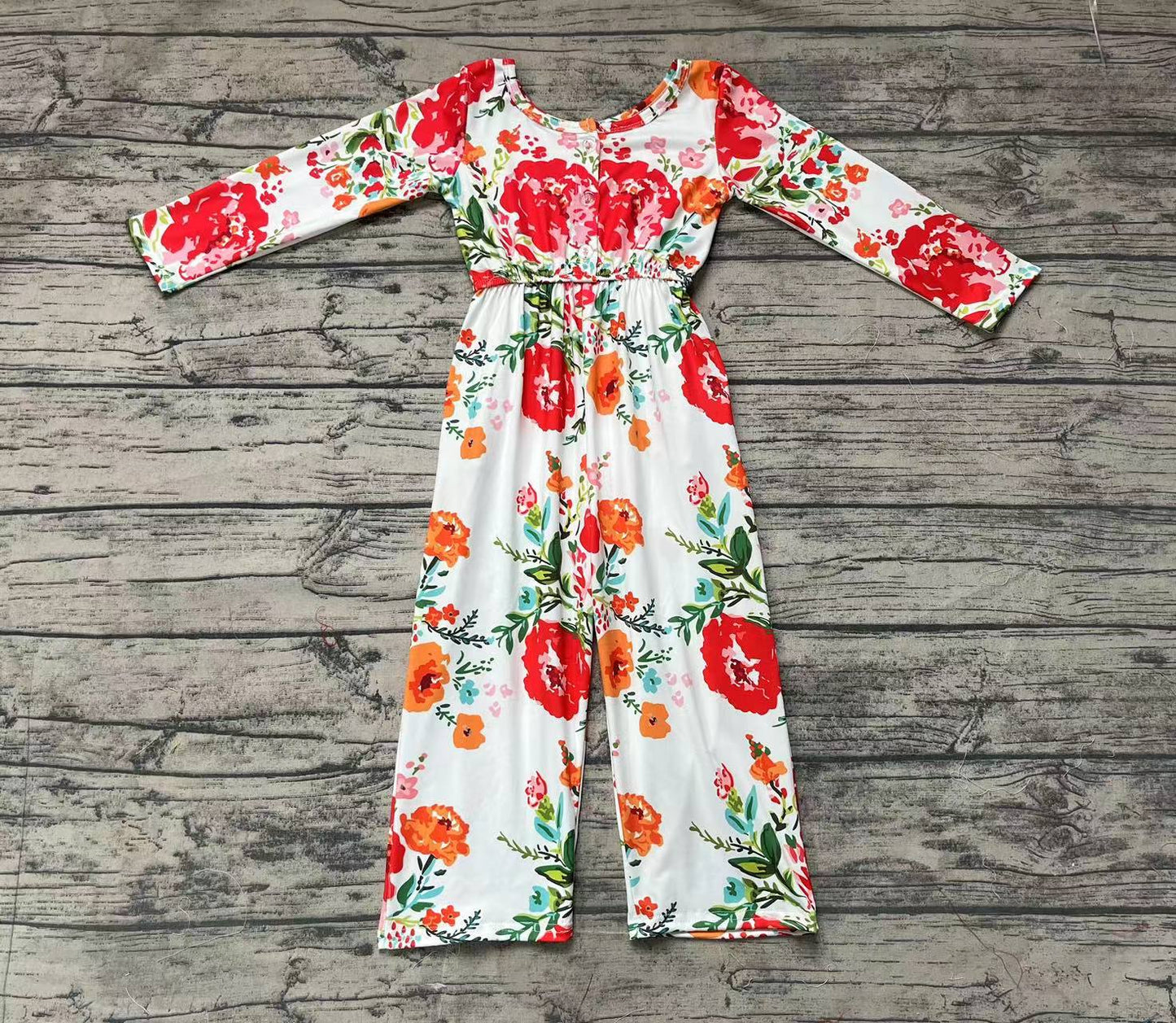 Baby Girls Orange Red Flowers Long Sleeve Fall Jumpsuits