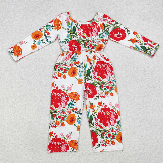 Baby Girls Orange Red Flowers Long Sleeve Fall Jumpsuits