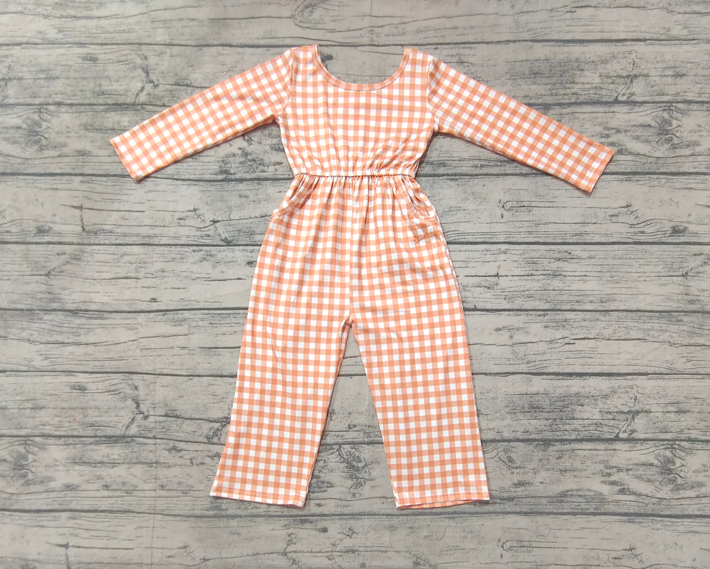 Baby Girls Khaki Checkered Long Sleeve Fall Jumpsuits