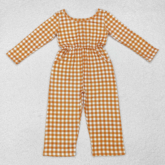 Baby Girls Khaki Checkered Long Sleeve Fall Jumpsuits