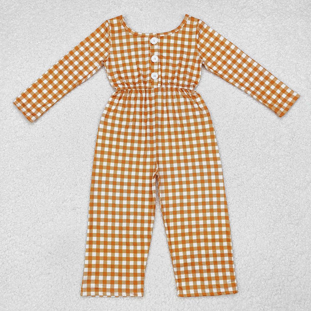 Baby Girls Khaki Checkered Long Sleeve Fall Jumpsuits