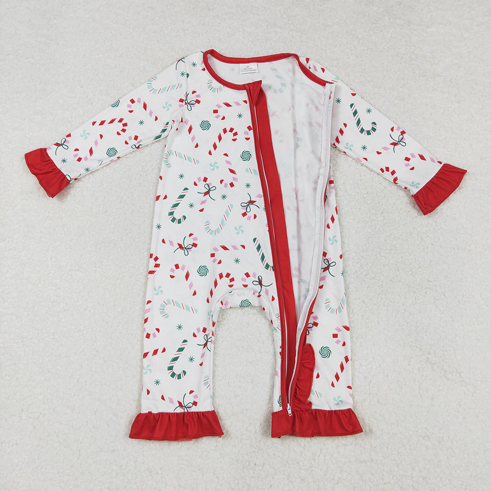 Baby Girls Christmas Candy Cane Zip Ruffle Rompers